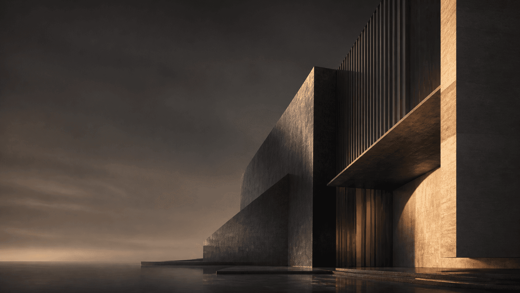 Conceptual abstract architecture in charcoal concrete and warm stone